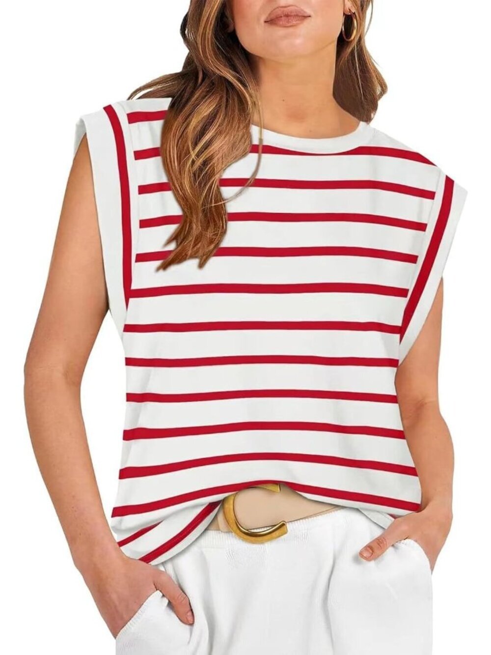 Women's Red Pull On Cap Sleeve Tank Tops Sleeve Striped Business Basic Shirts